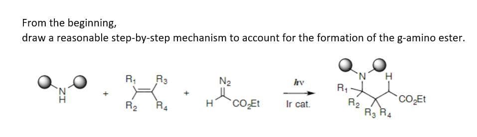 From the beginning,
draw a reasonable step-by-step mechanism to account for the formation of the g-amino ester.
IZ
R₁ R3
R₂
N
R4
H
N₂
CO₂Et
hv
Ir cat.
R₁
N
R₂2
R3
H
CO₂Et