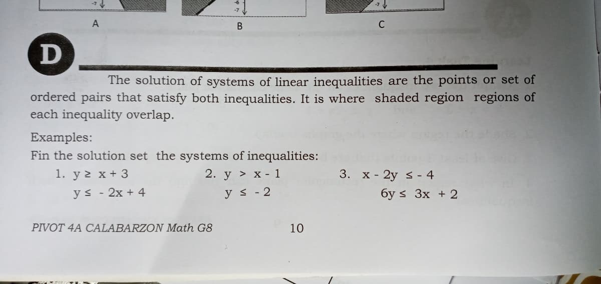 В
C
D
The solution of systems of linear inequalities are the points or set of
ordered pairs that satisfy both inequalities. It is where shaded region regions of
each inequality overlap.
Examples:
Fin the solution set the systems of inequalities:
1. y 2 x + 3
2. у > х- 1
3.
X - 2y s - 4
ys - 2x + 4
y s - 2
бу s 3x + 2
PIVOT 4A CALABARZON Math G8
10
