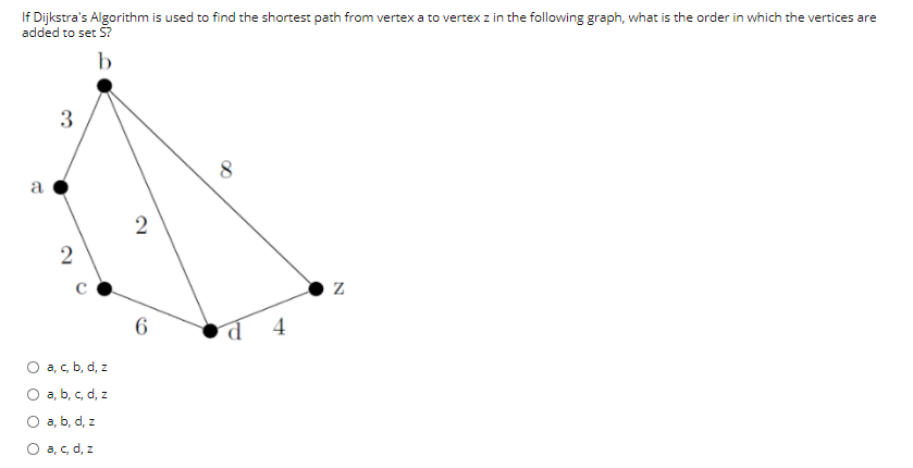 If Dijkstra's Algorithm is used to find the shortest path from vertex a to vertex z in the following graph, what is the order in which the vertices are
added to set 5?
b
3
8
a
2
6
4
O a, c, b, d, z
O a, b, c, d, z
O a, b, d, z
O a, c, d, z
