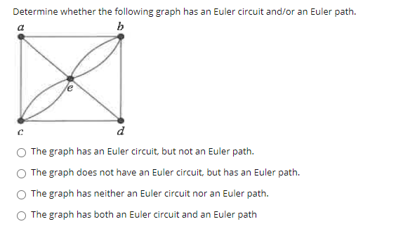 Determine whether the following graph has an Euler circuit and/or an Euler path.
a
b
d
O The graph has an Euler circuit, but not an Euler path.
The graph does not have an Euler circuit, but has an Euler path.
O The graph has neither an Euler circuit nor an Euler path.
O The graph has both an Euler circuit and an Euler path
