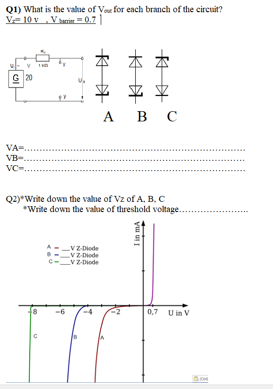 Q1) What is the value of Vout for each branch of the circuit?
V= 10 v , V barrier = 0.7)
V
1 KO
G 20
U.
A
В с
VA=...
VB=..
VC=..
Q2)*Write down the value of Vz of A, B, C
*Write down the value of threshold voltage...
A -
B -
LV -Diode
LV -Diode
_V Z-Diode
C-
-6
-4
0,7 U in V
C (Ctrl)
本中
I in mA
