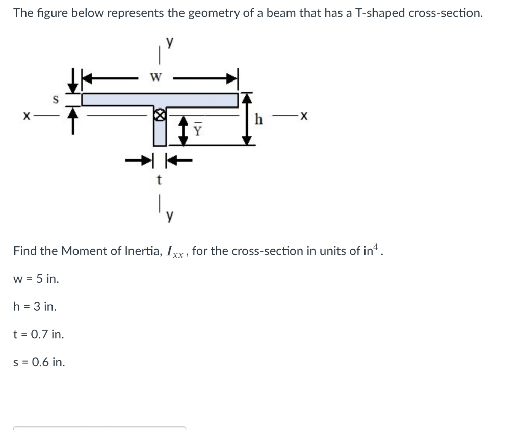 The figure below represents the geometry of a beam that has a T-shaped cross-section.
W
Find the Moment of Inertia, Ixx , for the cross-section in units of in.
w = 5 in.
h = 3 in.
t = 0.7 in.
s = 0.6 in.
