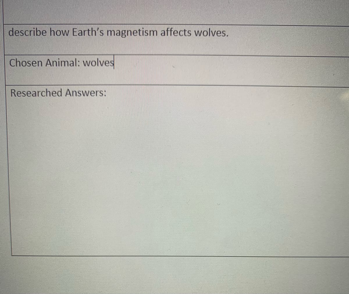 describe how Earth's magnetism affects wolves.
Chosen Animal: wolves
Researched Answers:
