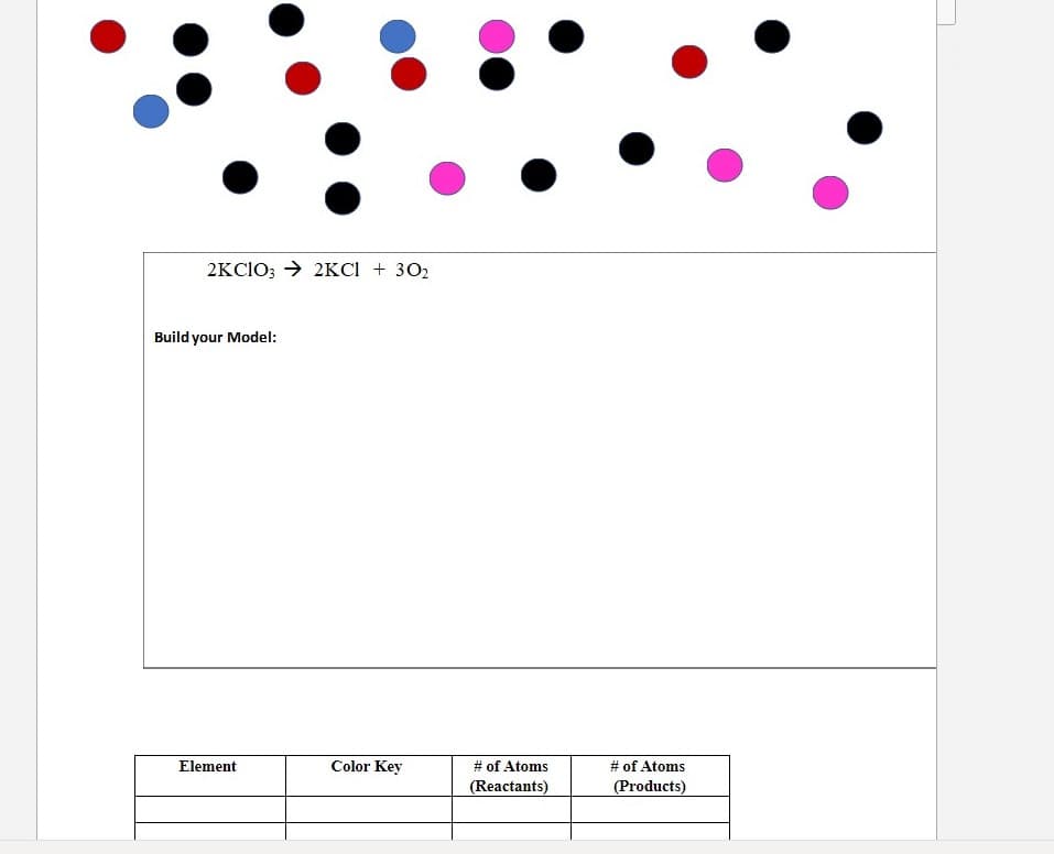 2KCIO3 → 2KCI + 302
Build your Model:
Element
Color Key
# of Atoms
# of Atoms
(Reactants)
(Products)
