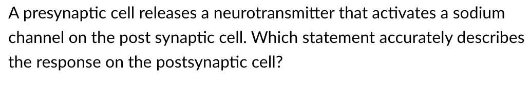 A presynaptic cell releases a neurotransmitter that activates a sodium
channel on the post synaptic cell. Which statement accurately describes
the response on the postsynaptic cell?
