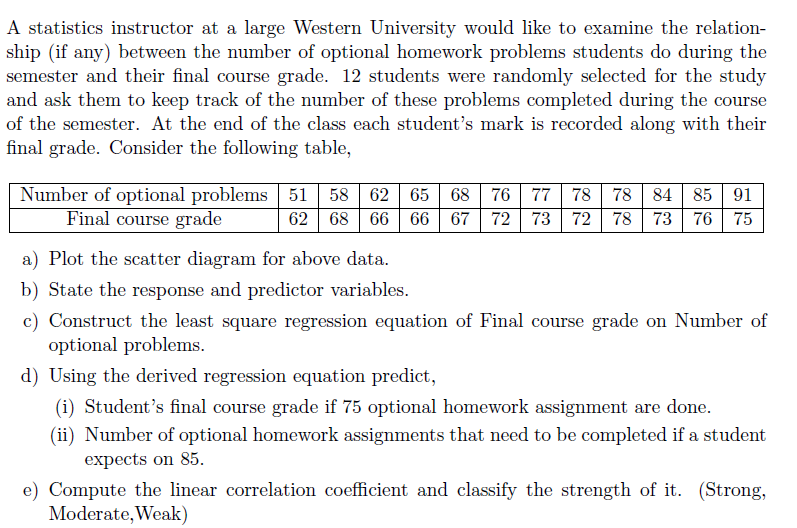 A statistics instructor at a large Western University would like to examine the relation-
ship (if any) between the number of optional homework problems students do during the
semester and their final course grade. 12 students were randomly selected for the study
and ask them to keep track of the number of these problems completed during the course
of the semester. At the end of the class each student's mark is recorded along with their
final grade. Consider the following table,
Number of optional problems 51 58 62 65 68 76 77 78
Final course grade
78 84 85 91
62 68 66 66
67
72
73
72
78
73
76
75
a) Plot the scatter diagram for above data.
b) State the response and predictor variables.
c) Construct the least square regression equation of Final course grade on Number of
optional problems.
d) Using the derived regression equation predict,
(i) Student's final course grade if 75 optional homework assignment are done.
(ii) Number of optional homework assignments that need to be completed if a student
expects on 85.
e) Compute the linear correlation coefficient and classify the strength of it. (Strong,
Moderate,Weak)
