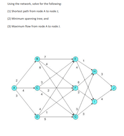 Using the network, solve for the following:
(1) Shortest path from node A to node J;
(2) Minimum spanning tree; and
(3) Maximum flow from node A to node J.
7
B.
(H
3.
2
3
3.
