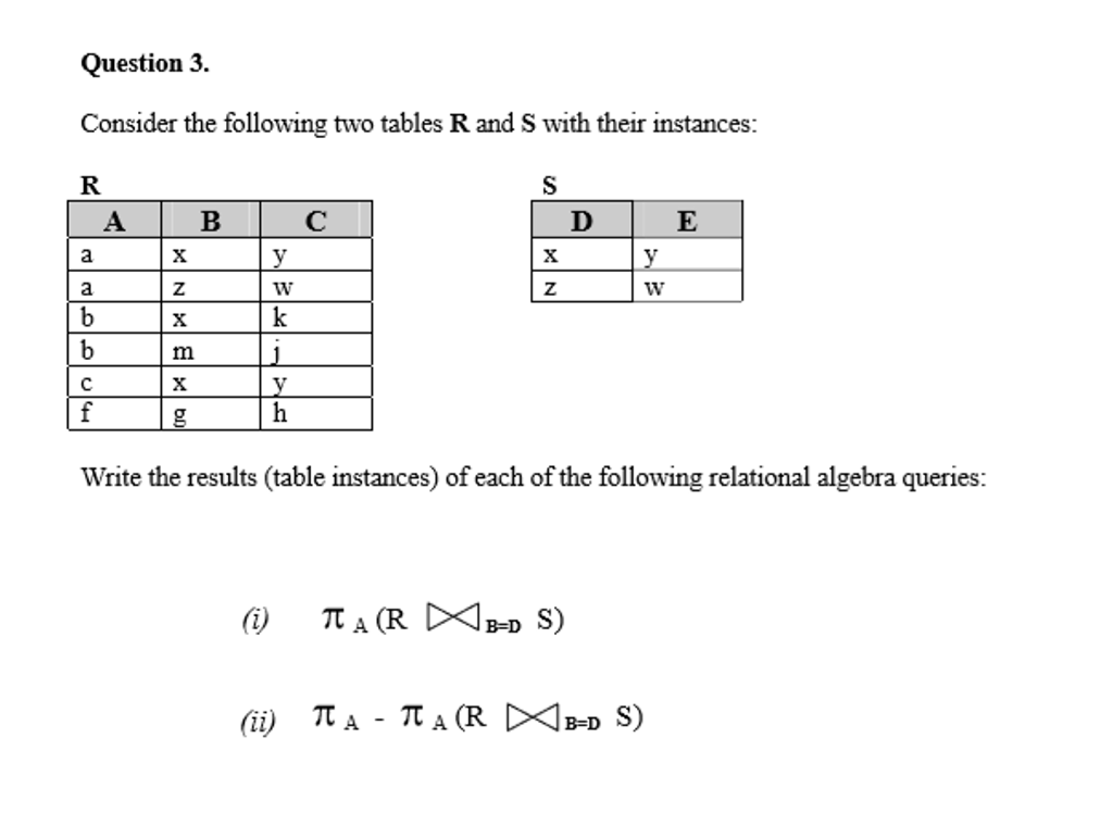 Question 3.
Consider the following two tables R and S with their instances:
R
S
B
с
E
A
a
X
X
y
a
Z
Z
W
b
X
b
m
с
X
y
f
g
h
Write the results (table instances) of each of the following relational algebra queries:
TA (RB-D S)
TATA (R XB-D S)
y
W
k
J
D
(ii)