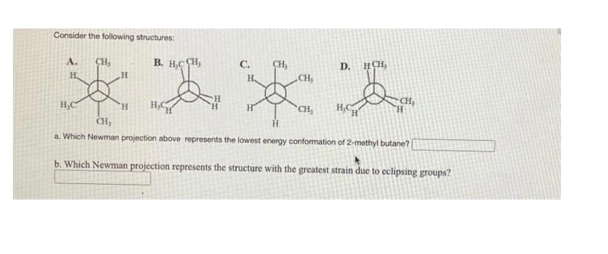 Consider the following structures:
A.
Н.
H₂C
CH₂
H
H
B. H.CCH,
H₂CH
C.
H
H
CH₂
CH₂
CH₂
D.
H₂C
HCH₂
CH,
H
a. Which Newman projection above represents the lowest energy conformation of 2-methyl butane?
b. Which Newman projection represents the structure with the greatest strain due to eclipsing groups?