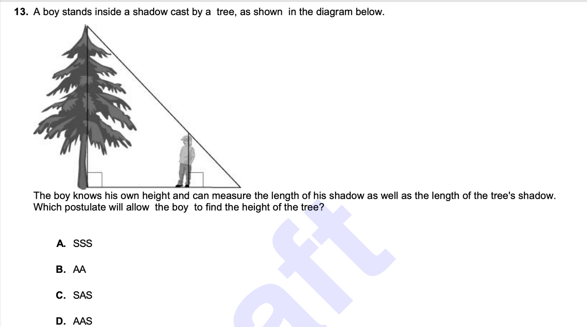 13. A boy stands inside a shadow cast by a tree, as shown in the diagram below.
The boy knows his own height and can measure the length of his shadow as well as the length of the tree's shadow.
Which postulate will allow the boy to find the height of the tree?
A. SSS
В. АА
C. SAS
D. AAS
aft
