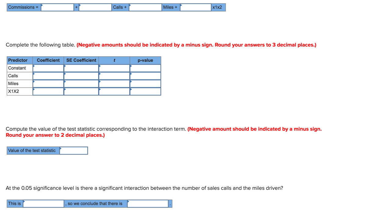 Commissions =
Calls +
Miles +
x1x2
Complete the following table. (Negative amounts should be indicated by a minus sign. Round your answers to 3 decimal places.)
Predictor
Coefficient
SE Coefficient
p-value
Constant
Calls
Miles
X1X2
Compute the value of the test statistic corresponding to the interaction term. (Negative amount should be indicated by a minus sign.
Round your answer to 2 decimal places.)
Value of the test statistic
At the 0.05 significance level is there a significant interaction between the number of sales calls and the miles driven?
This is
so we conclude that there is
