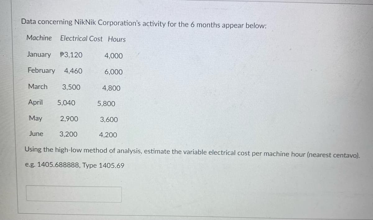 Data concerning NikNik Corporation's activity for the 6 months appear below:
Machine
Electrical Cost Hours
January P3,120
4,000
February 4,460
6,000
March
3,500
4,800
April
5,040
5,800
May
2,900
3,600
June
3,200
4,200
Using the high-low method of analysis, estimate the variable electrical cost per machine hour (nearest centavo).
e.g. 1405.688888, Type 1405.69
