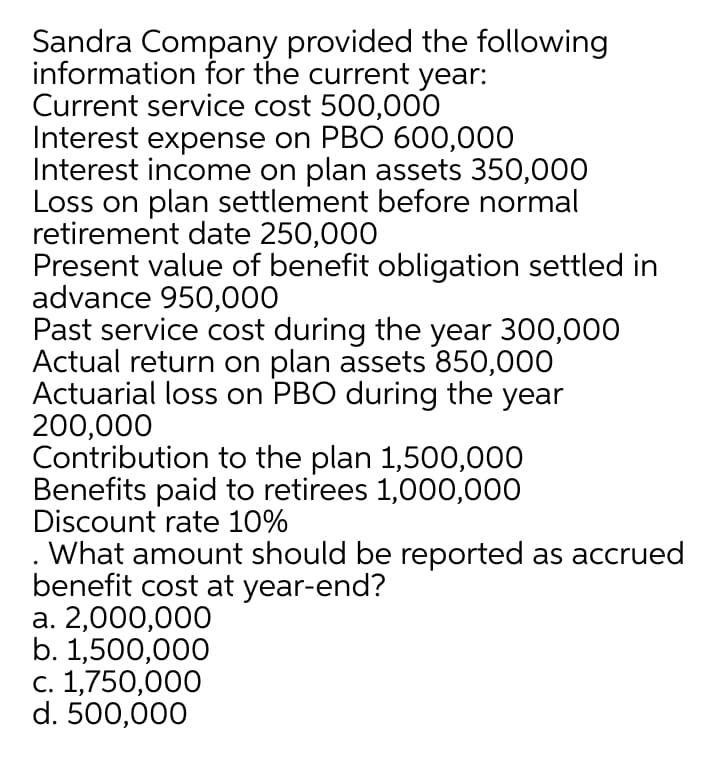 Sandra Company provided the following
information for the current year:
Current service cost 500,000
Interest expense on PBO 600,000
Interest income on plan assets 350,000
Loss on plan settlement before normal
retirement date 250,000
Present value of benefit obligation settled in
advance 950,000
Past service cost during the year 300,000
Actual return on plan assets 850,000
Actuarial loss on PBO during the year
200,000
Contribution to the plan 1,500,000
Benefits paid to retirees 1,000,000
Discount rate 10%
. What amount should be reported as accrued
benefit cost at year-end?
а. 2,000,000
b. 1,500,000
с. 1,750,000
d. 500,000
