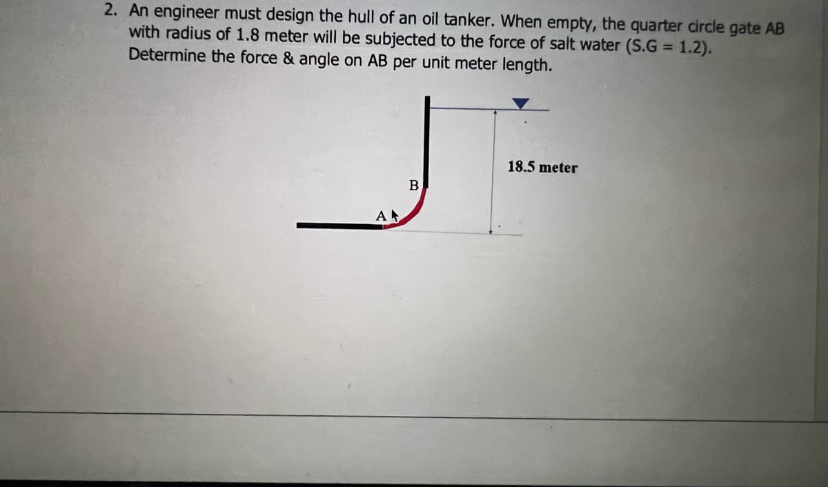 2. An engineer must design the hull of an oil tanker. When empty, the quarter circle gate AB
with radius of 1.8 meter will be subjected to the force of salt water (S.G = 1.2).
Determine the force & angle on AB per unit meter length.
A
B
18.5 meter