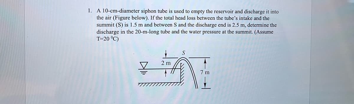 1. A 10-cm-diameter siphon tube is used to empty the reservoir and discharge it into
the air (Figure below). If the total head loss between the tube's intake and the
summit (S) is 1.5 m and between S and the discharge end is 2.5 m, determine the
discharge in the 20-m-long tube and the water pressure at the summit. (Assume
T=20 °C)
2 m
++
7 m