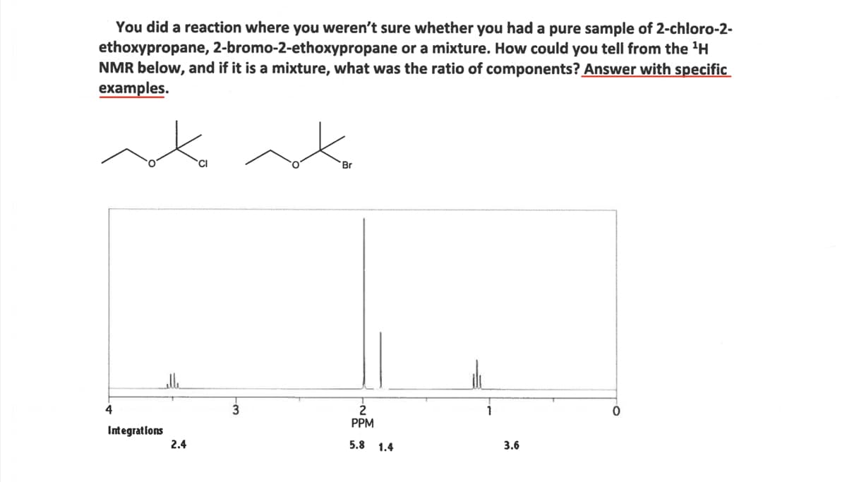 You did a reaction where you weren't sure whether you had a pure sample of 2-chloro-2-
ethoxypropane, 2-bromo-2-ethoxypropane or a mixture. How could you tell from the ¹H
NMR below, and if it is a mixture, what was the ratio of components? Answer with specific
examples.
4
Integrations
2.4
Br
2
PPM
5.8 1.4
3.6
0