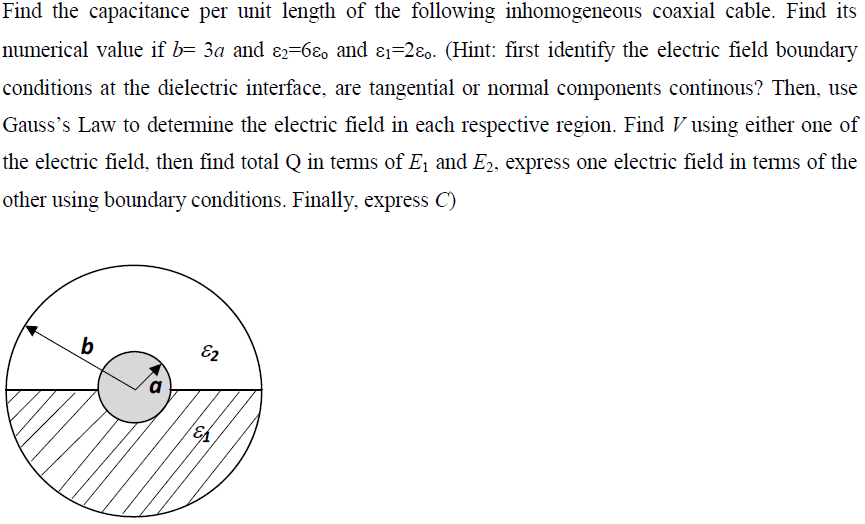 Find the capacitance per unit length of the following inhomogeneous coaxial cable. Find its
numerical value if b= 3a and ɛ2=6ɛ, and ɛ1=2ɛo. (Hint: first identify the electric field boundary
conditions at the dielectric interface, are tangential or normal components continous? Then, use
Gauss's Law to determine the electric field in each respective region. Find V using either one of
the electric field, then find total Q in terms of Ej and E2, express one electric field in tems of the
other using boundary conditions. Finally, express C)
b
E2
