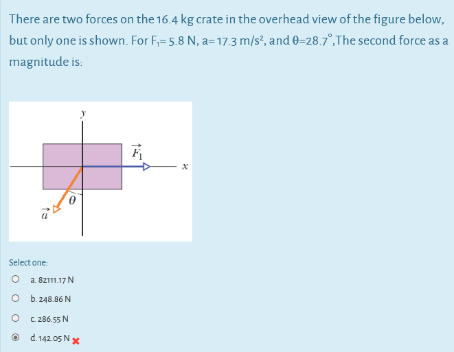 There are two forces on the 16.4 kg crate in the overhead view of the figure below,
but only one is shown. For F,= 5.8 N, a=17.3 m/s², and 0=28.7°,The second force as a
magnitude is:
