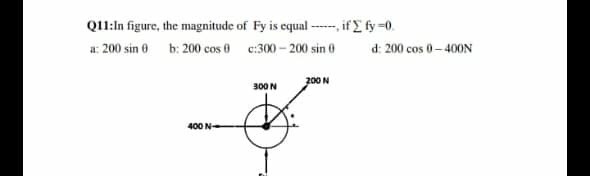 Q11:in figure, the magnitude of Fy is equal --- if f fy=0.
a: 200 sin 0 b: 200 cos 0 c:300- 200 sin 0
d: 200 cos 0- 400N
200N
300 N
400 N
