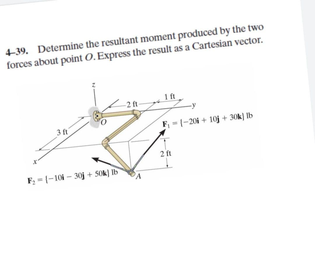 4-39. Determine the resultant moment produced by the two
forces about point O. Express the result as a Cartesian vector.
1 ft
-2 ft
3 ft
F = {-20i + 10j + 30k} lb
2 ft
F2 = {-10i – 30j + 50k} lb
