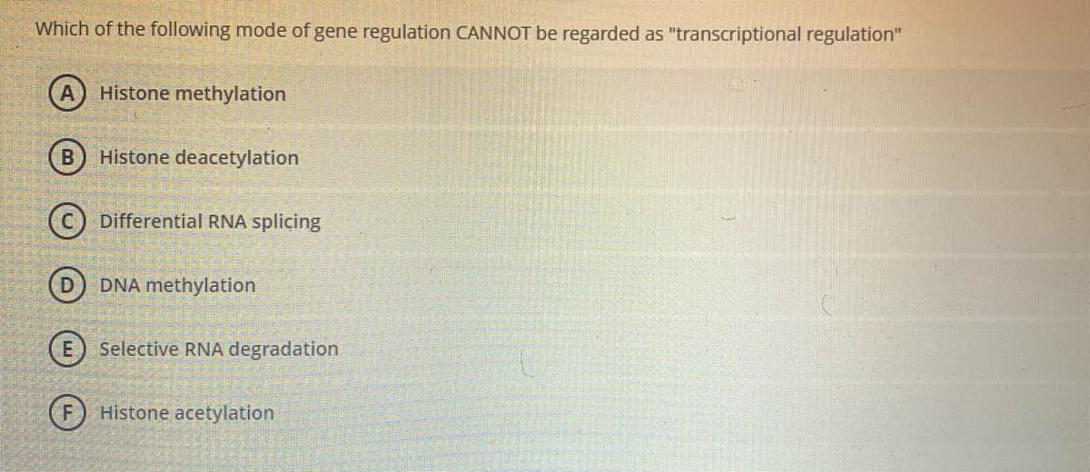 Which of the following mode of gene regulation CANNOT be regarded as "transcriptional regulation"
Histone methylation
Histone deacetylation
(c) Differential RNA splicing
DNA methylation
E) Selective RNA degradation
Histone acetylation
