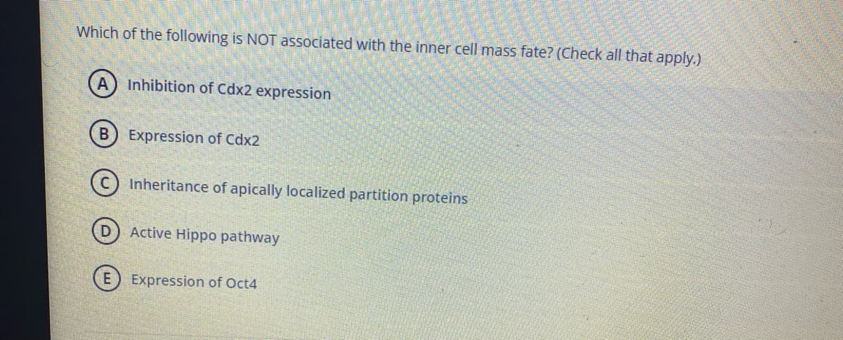 Which of the following is NOT associated with the inner cell mass fate? (Check all that apply.)
Inhibition of Cdx2 expression
Expression of Cdx2
(c) Inheritance of apically localized partition proteins
Active Hippo pathway
Expression of Oct4
