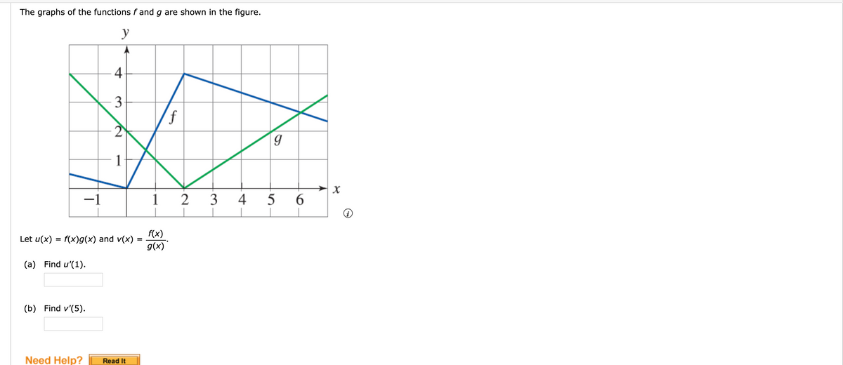 The graphs of the functions f and g are shown in the figure.
y
3-
f
2
1
-1
1
4
6.
f(x)
Let u(x) = f(x)g(x) and v(x) :
g(x)
(a) Find u'(1).
(b) Find v'(5).
Need Help?
Read It
3.
4-
