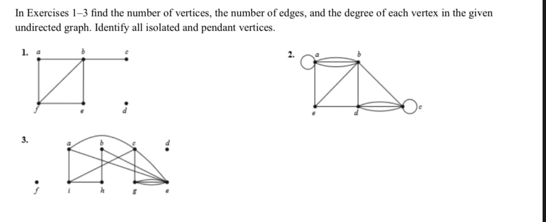 In Exercises 1-3 find the number of vertices, the number of edges, and the degree of each vertex in the given
undirected graph. Identify all isolated and pendant vertices.
1. а
3.
