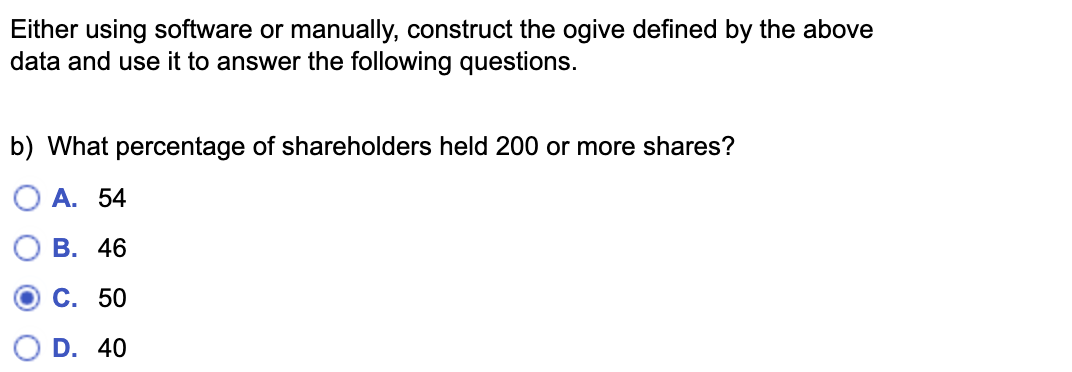 Either using software or manually, construct the ogive defined by the above
data and use it to answer the following questions.
b) What percentage of shareholders held 200 or more shares?
OA. 54
B. 46
C. 50
D. 40