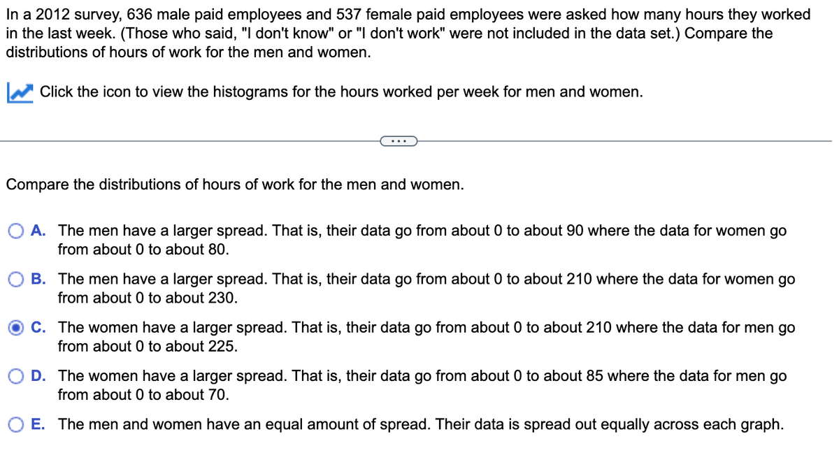 In a 2012 survey, 636 male paid employees and 537 female paid employees were asked how many hours they worked
in the last week. (Those who said, "I don't know" or "I don't work" were not included in the data set.) Compare the
distributions of hours of work for the men and women.
Click the icon to view the histograms for the hours worked per week for men and women.
Compare the distributions of hours of work for the men and women.
O A. The men have a larger spread. That is, their data go from about 0 to about 90 where the data for women go
from about 0 to about 80.
B. The men have a larger spread. That is, their data go from about 0 to about 210 where the data for women go
from about 0 to about 230.
OC. The women have a larger spread. That is, their data go from about 0 to about 210 where the data for men go
from about 0 to about 225.
D. The women have a larger spread. That is, their data go from about 0 to about 85 where the data for men go
from about 0 to about 70.
E. The men and women have an equal amount of spread. Their data is spread out equally across each graph.