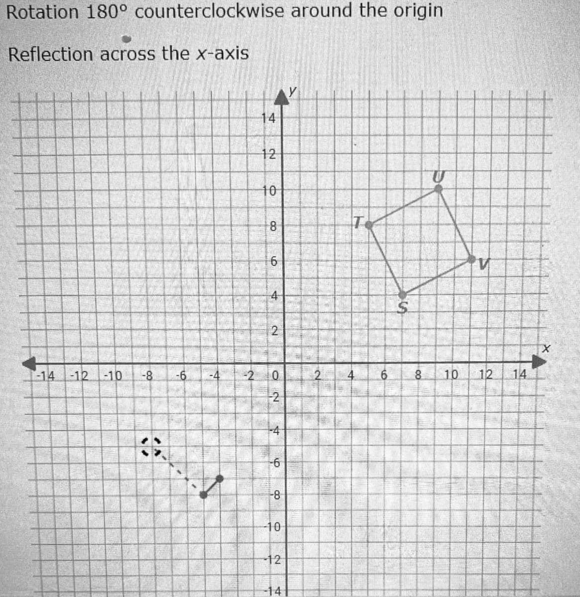 Rotation 180° counterclockwise around the origin
Reflection across the x-axis
14
12
10
8.
4-
-14
-12
-10
-8
9-
-4
-2
2.
8.
10
12
14
-2
-4
-8
-10
-12
-14
to
6,
6.
9.
