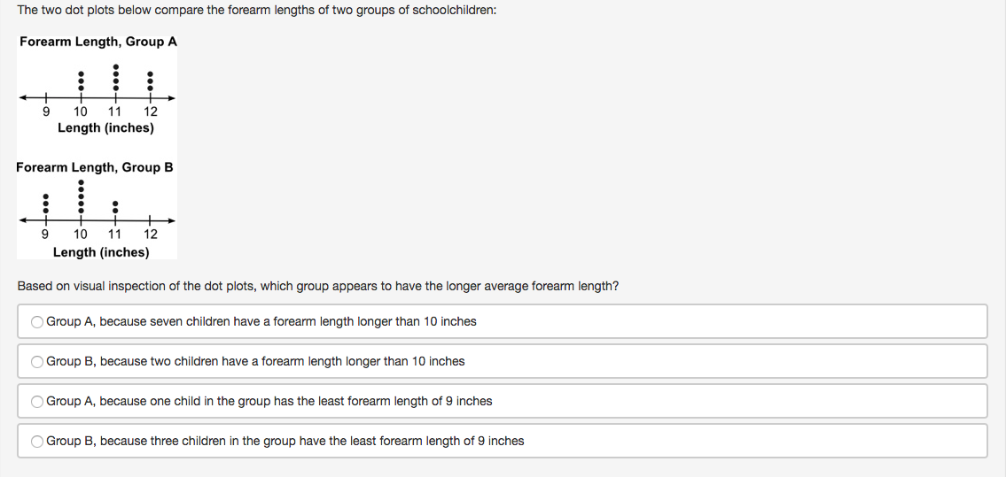 The two dot plots below compare the forearm lengths of two groups of schoolchildren:
Forearm Length, Group A
10 11 12
Length (inches)
Forearm Length, Group B
10
11
12
Length (inches)
Based on visual inspection of the dot plots, which group appears to have the longer average forearm length?

