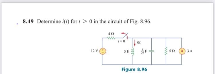 8.49 Determine i(t) for t> 0 in the circuit of Fig. 8.96.
42
12 V
SH
52 O 3A
Figure 8.96
