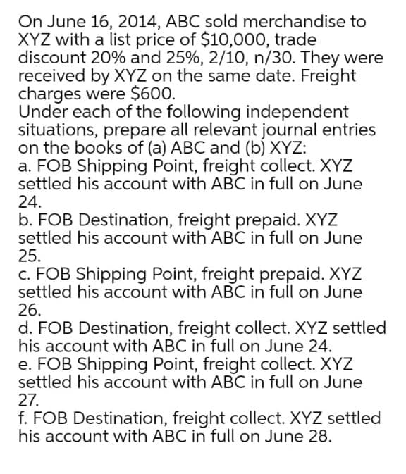 On June 16, 2014, ABC sold merchandise to
XYZ with a list price of $10,000, trade
discount 20% and 25%, 2/10, n/30. They were
received by XYZ on the same date. Freight
charges were $600.
Under each of the following independent
situations, prepare all relevant journal entries
on the books of (a) ABC and (b) XYZ:
a. FOB Shipping Point, freight collect. XYZ
settled his account with ABC in full on June
24.
b. FOB Destination, freight prepaid. XYZ
settled his account with ABC in full on June
25.
c. FOB Shipping Point, freight prepaid. XYZ
settled his account with ABC in full on June
26.
d. FOB Destination, freight collect. XYZ settled
his account with ABC in full on June 24.
e. FOB Shipping Point, freight collect. XYZ
settled his account with ABC in full on June
27.
f. FOB Destination, freight collect. XYZ settled
his account with ABC in full on June 28.
