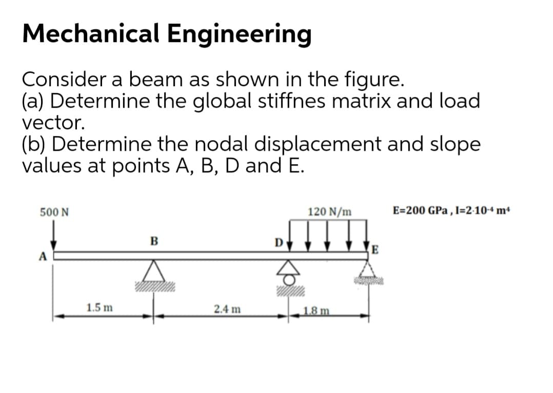 Mechanical Engineering
Consider a beam as shown in the figure.
(a) Determine the global stiffnes matrix and load
vector.
(b) Determine the nodal displacement and slope
values at points A, B, D and E.
500 N
120 N/m
E=200 GPa , I=2-10-4 mª
D
E
A
1.5 m
2.4 m
1.8 m.

