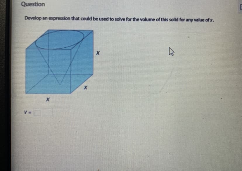 Question
Develop an expression that could be used to solve for the volume of this solid for any value of x.
V =
