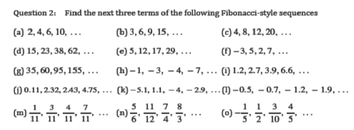 Question 2: Find the next three terms of the following Fibonacci-style sequences
(a) 2, 4, 6, 10, ...
(b) 3, 6,9, 15, ...
(c) 4, 8, 12, 20, ...
(d) 15, 23, 38, 62, ...
(e) 5, 12, 17, 29, ...
(f) – 3, 5, 2, 7, ...
(8) 35, 60,95, 155, ...
(h) – 1, – 3, – 4, – 7, ... (1) 1.2, 2.7, 3.9, 6.6, ...
(1) 0.11, 2.32, 243, 4.75, ... (k) –5.1, 1.1, – 4, – 2.9, ..(1) –0.5, – 0.7, – 1.2, – 1.9, ...
1 3
(0) -3' 7' 10 3
7 8
4
(m) T TT
(n)
...
...
...
