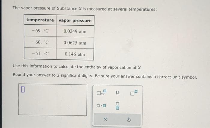 The vapor pressure of Substance X is measured at several temperatures:
temperature vapor pressure
0.0249 atm
0
-69. °C
-60. °C
-51. °C
0.0625 atm
0.146 atm
Use this information to calculate the enthalpy of vaporization of X.
Round your answer to 2 significant digits. Be sure your answer contains a correct unit symbol.
ロ･ロ
X
H
00
S