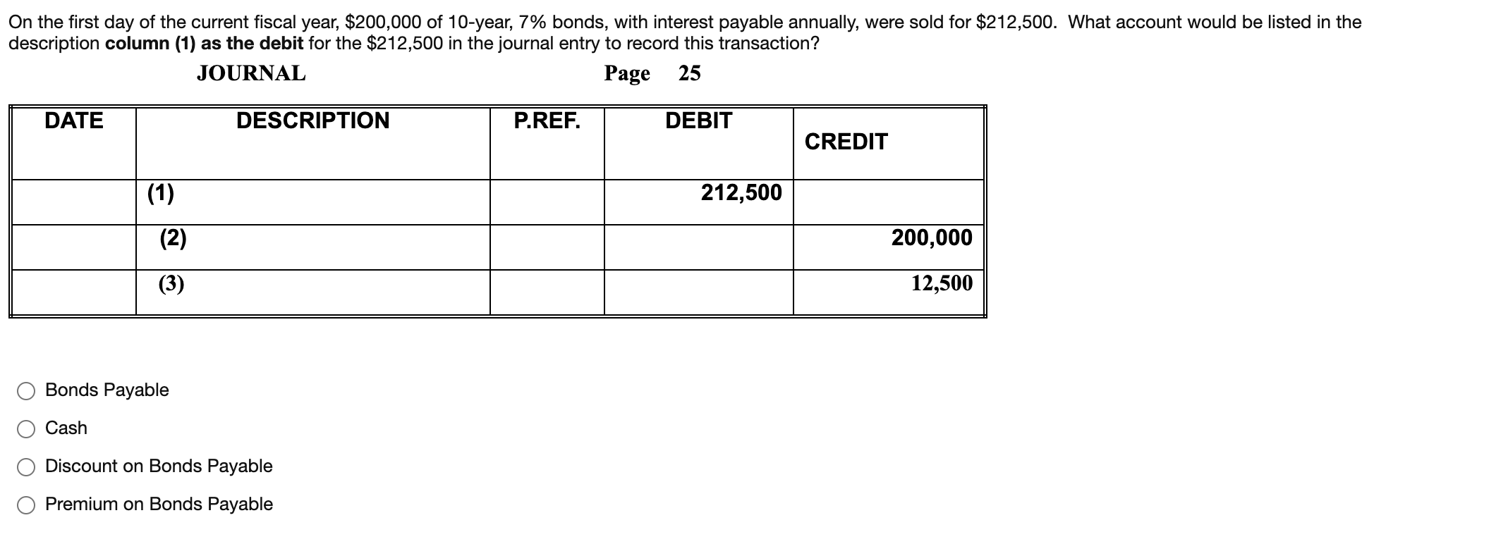 On the first day of the current fiscal year, $200,000 of 10-year, 7% bonds, with interest payable annually, were sold for $212,500. What account would be listed in the
description column (1) as the debit for the $212,500 in the journal entry to record this transaction?
JOURNAL
Page
25
DATE
DESCRIPTION
P.REF.
DEBIT
CREDIT
(1)
212,500
(2)
200,000
(3)
12,500
Bonds Payable
Cash
Discount on Bonds Payable
Premium on Bonds Payable
