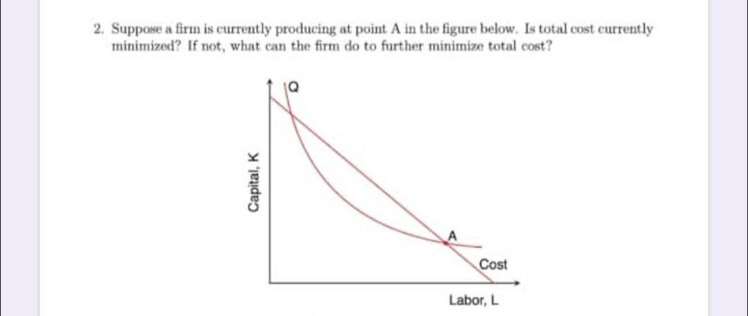 2. Suppose a firm is currently producing at point A in the figure below. Is total cost currently
minimized? If not, what can the firm do to further minimize total cost?
Cost
Labor, L
Capital, K
