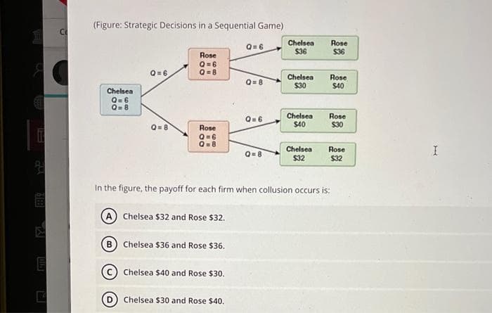 E
T
SU
388
菌
2
E
K
(Figure: Strategic Decisions in a Sequential Game)
Chelsea
Q=6
Q=8
Q=6
Q=8
Rose
Q=6
Q=8
Rose
Q=6
Q=8
Q=6
Chelsea $40 and Rose $30.
(D) Chelsea $30 and Rose $40.
Q=8
Q=6
Q=8
Chelsea
$36
Chelsea
$30
Chelsea
$40
Chelsea
$32
Rose
$36
Rose
$40
Rose
$30
Rose
$32
In the figure, the payoff for each firm when collusion occurs is:
(A) Chelsea $32 and Rose $32.
B) Chelsea $36 and Rose $36.
I