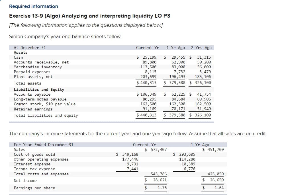 Required information
Exercise 13-9 (Algo) Analyzing and interpreting liquidity LO P3
[The following information applies to the questions displayed below.]
Simon Company's year-end balance sheets follow.
At December 31
Current Yr
1 Yr Ago
2 Yrs Ago
Assets
Cash
Accounts receivable, net
Merchandise inventory
Prepaid expenses
Plant assets, net
$ 25,199
89,800
113,500
8,115
203,699
$ 440,313
29,455 $
62,900
83,000
7,732
196,493
31,315
50, 200
56,000
3,479
185,106
Total assets
$ 379,580 $ 326,100
Liabilities and Equity
Accounts payable
Long-term notes payable
Common stock, $10 par value
Retained earnings
$ 106,349
৪০, 295
162,500
91,169
$ 62,225 $
84,684
162,500
70,171
41,754
69,906
162,500
51,940
Total liabilities and equity
$ 440,313
$ 379,580 $ 326,100
The company's income statements for the current year and one year ago follow. Assume that all sales are on credit:
1 Yr Ago
$ 451,700
For Year Ended December 31
Current Yr
Sales
$ 572,407
$ 349,168
177,446
9,731
7,441
$ 293,605
114, 280
10,389
6,776
Cost of goods sold
Other operating expenses
Interest expense
Income tax expense
Total costs and expenses
543,786
425,050
$ 26,650
Net income
28,621
Earnings per share
$
1.76
$
1.64
