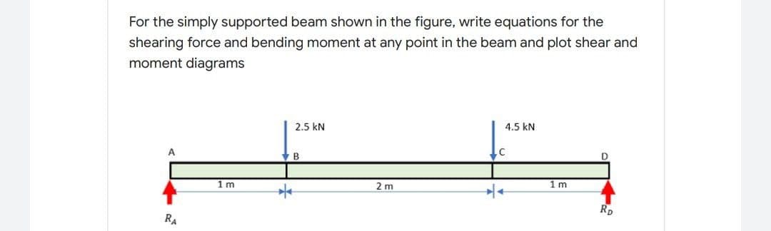 For the simply supported beam shown in the figure, write equations for the
shearing force and bending moment at any point in the beam and plot shear and
moment diagrams
4.5 kN
2.5 kN
D
A
1 m
1 m
2 m
RD
RA
