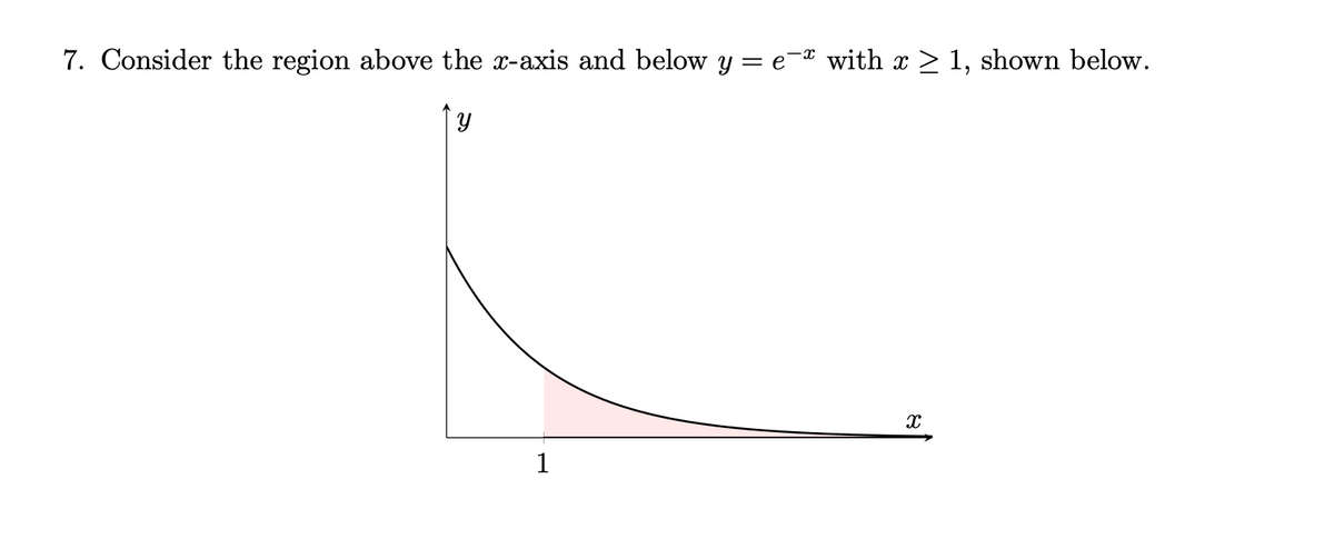 7. Consider the region above the x-axis and below y = e-ª with x > 1, shown below.
1
