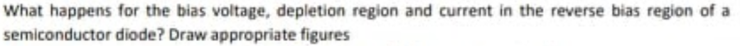 What happens for the bias voltage, depletion region and current in the reverse bias region of a
semiconductor diode? Draw appropriate figures
