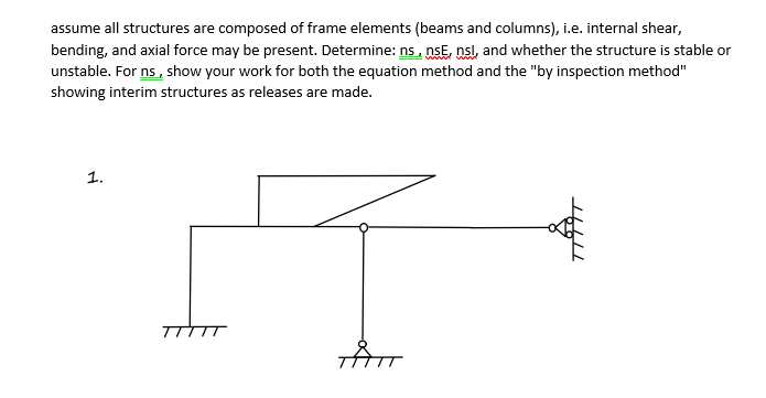 assume all structures are composed of frame elements (beams and columns), i.e. internal shear,
bending, and axial force may be present. Determine: ns, nsE, nsl, and whether the structure is stable or
unstable. For ns, show your work for both the equation method and the "by inspection method"
showing interim structures as releases are made.
1.
TTTTT
