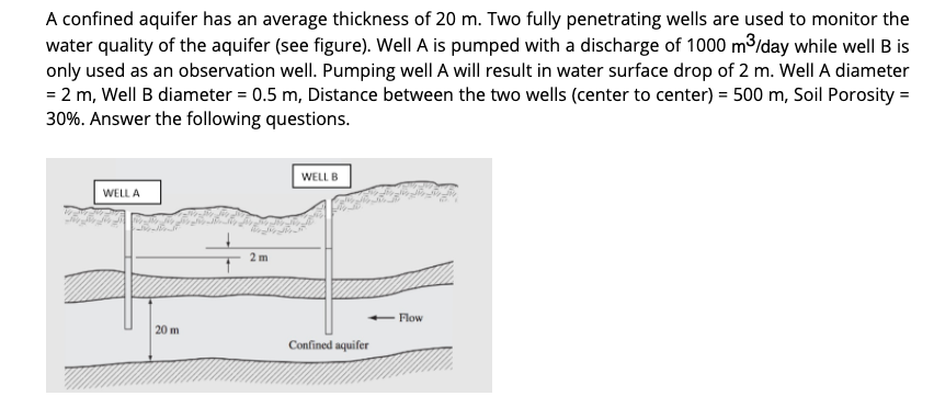 A confined aquifer has an average thickness of 20 m. Two fully penetrating wells are used to monitor the
water quality of the aquifer (see figure). Well A is pumped with a discharge of 1000 m3/day while well B is
only used as an observation well. Pumping well A will result in water surface drop of 2 m. Well A diameter
= 2 m, Well B diameter = 0.5 m, Distance between the two wells (center to center) = 500 m, Soil Porosity =
30%. Answer the following questions.
WELL B
WELL A
2 m
Flow
20 m
Confined aquifer
