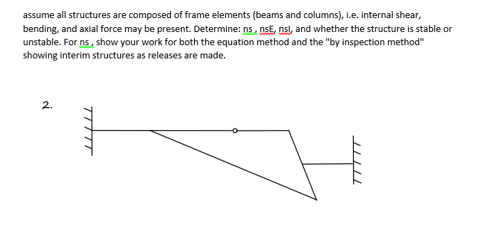 assume all structures are composed of frame elements (beams and columns), i.e. internal shear,
bending, and axial force may be present. Determine: ns , nsE, nsl, and whether the structure is stable or
unstable. For ns, show your work for both the equation method and the "by inspection method"
showing interim structures as releases are made.
2.
TTTTT
