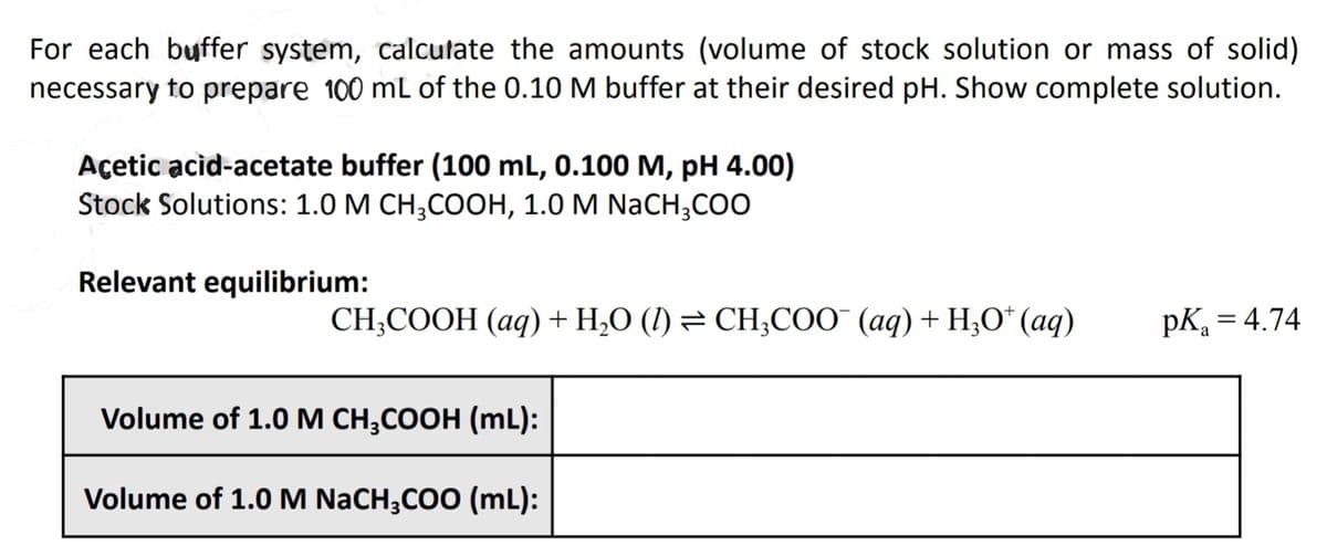 For each buffer system, calculate the amounts (volume of stock solution or mass of solid)
necessary to prepare 100 mL of the 0.10 M buffer at their desired pH. Show complete solution.
Açetic acid-acetate buffer (100 mL, 0.100 M, pH 4.00)
Stock Solutions: 1.0 M CH;COOH, 1.0 M NaCH;COO
Relevant equilibrium:
CH;COOH (aq)+ H,O (I) = CH;COO" (aq) + H;O* (aq)
pK, = 4.74
Volume of 1.0 M CH;COOH (mL):
Volume of 1.0M NaCH;COO (mL):
