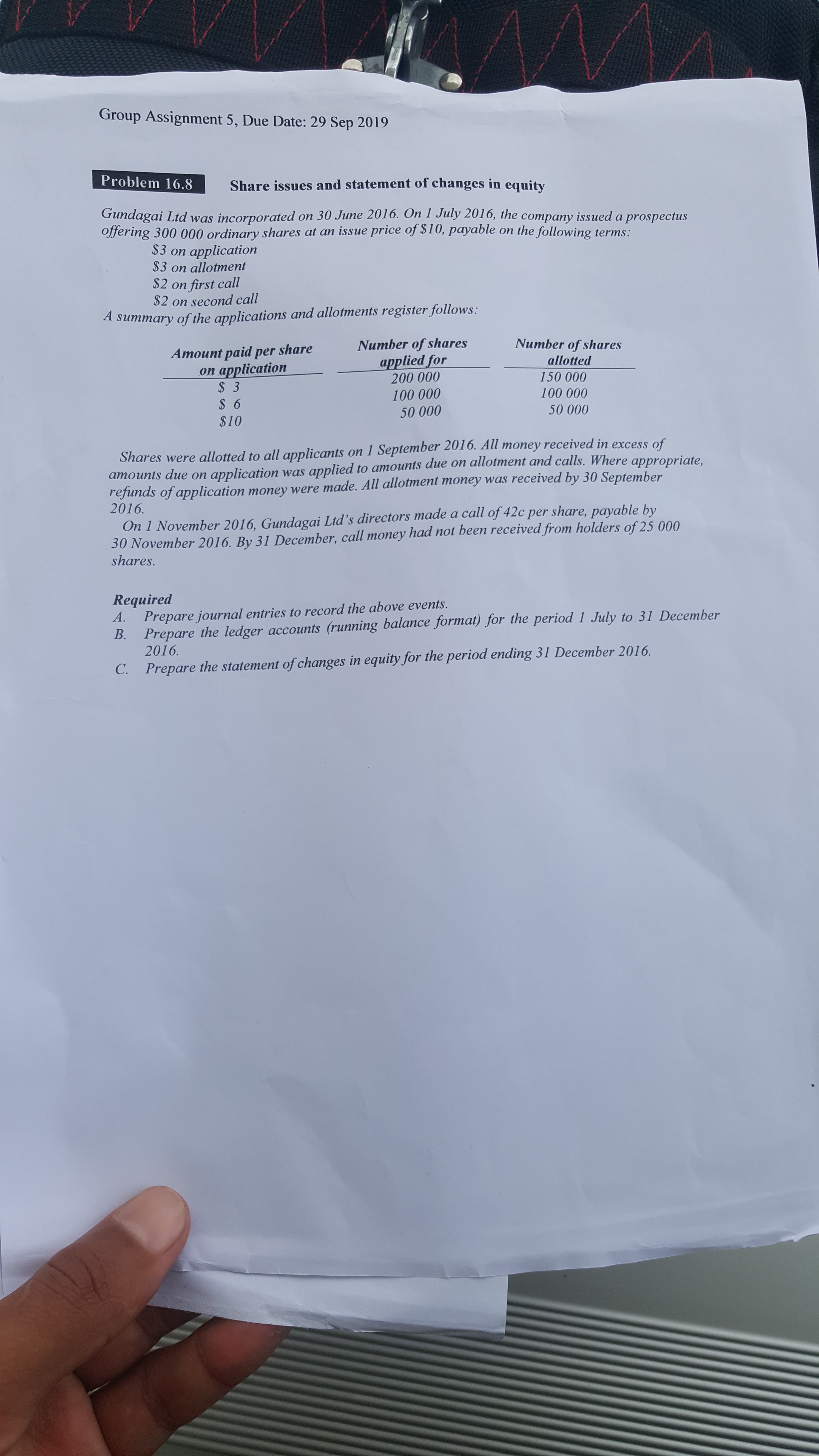 Group Assignment 5, Due Date: 29 Sep 2019
Problem 16.8
Share issues and statement of changes in equity
Gundagai Ltd was incorporated on 30 June 2016. On 1 July 2016, the company issued a prospectus
offering 300 000 ordinary shares at an issue price of $10, payable
on the following terms:
application
$3 on allotment
$3 on
$2 on first call
$2 on second call
A summary of the applications and allotments register follows:
Number of shares
applied for
200 000
Number of shares
allotted
Amount paid per share
on application
$ 3
150 000
100 000
100 000
$6
50 000
50 000
$10
on 1 September 2016. All money received in excess of
applied to amounts due on allotment and calls. Where appropriate,
Shares were allotted to all applicants
application was
refunds of application money were made. All allotment money was received by 30 September
2016.
атоиnts duе оn
On 1 November 2016, Gundagai Ltd's directors made a call of 42c per share, payable by
30 November 2016. By 31 December, call money had not been received from holders of 25 000
shares.
Required
Prepare the ledger accounts (running balance format) for the period 1 July to 31 December
В.
А.
Prepare journal entries to record the above events.
2016.
Prepare the statement of changes in equity for the period ending 31 December 2016
C.
